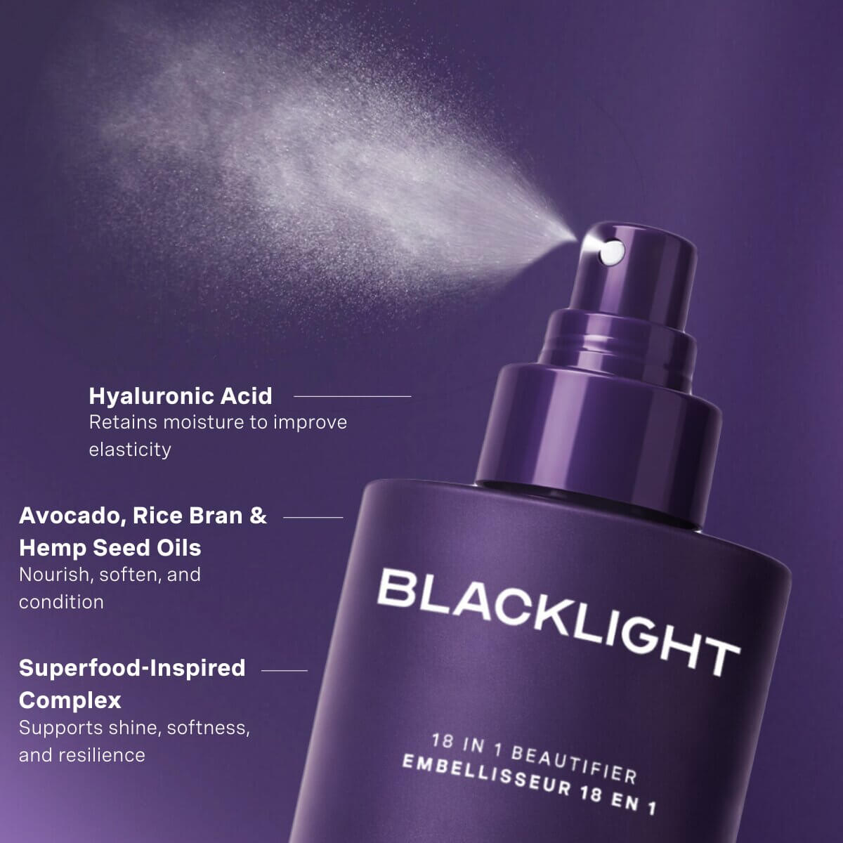 Image of a Blacklight Blonde Science 18-in-1 Beautifier with product features on a purple background