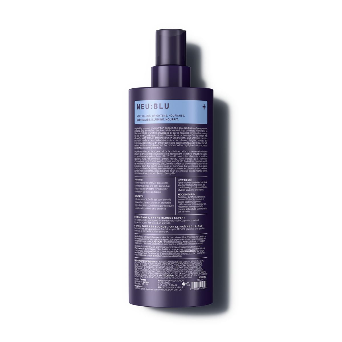 Back of bottle of Blacklight Blonde Science Blue Neutralizing Spray 225 ml