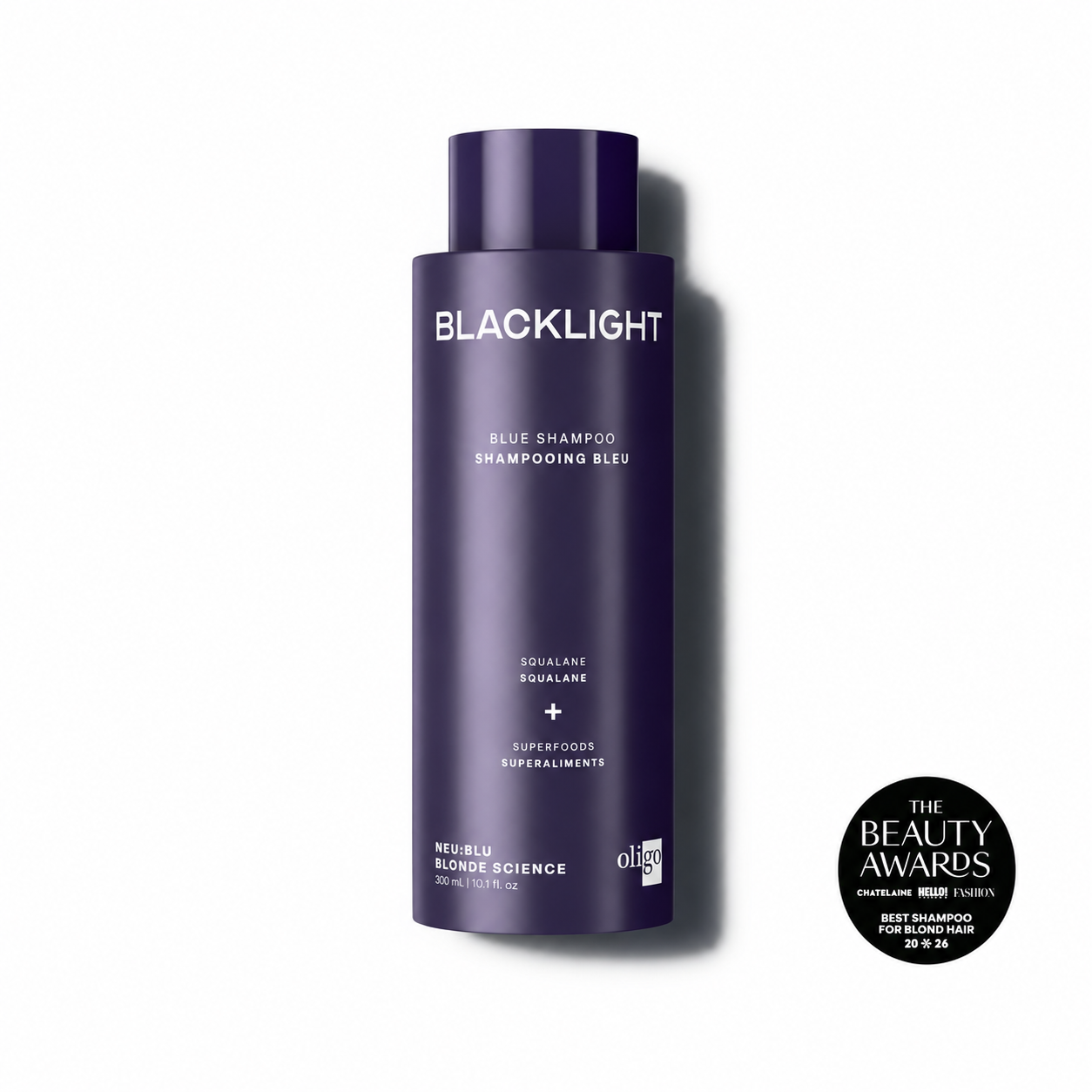 Front of bottle of Blacklight Blonde Science Blue Shampoo for Blonde Hair 300ml #size_300 ml / 10.1 fl. oz