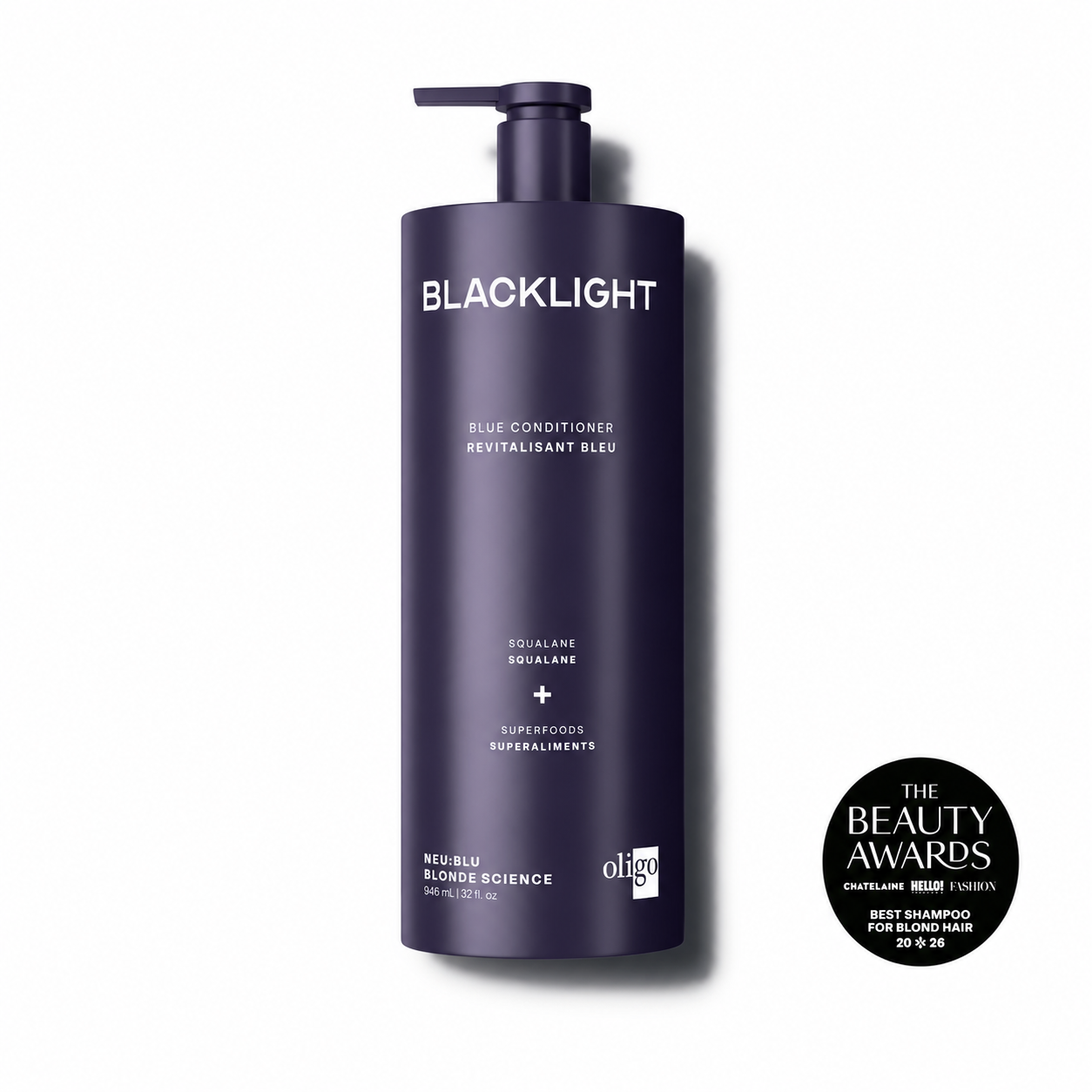 Front of bottle of Blacklight Blonde Science Blue Shampoo for Blonde Hair 946ml #size_946 ml / 32 fl. oz