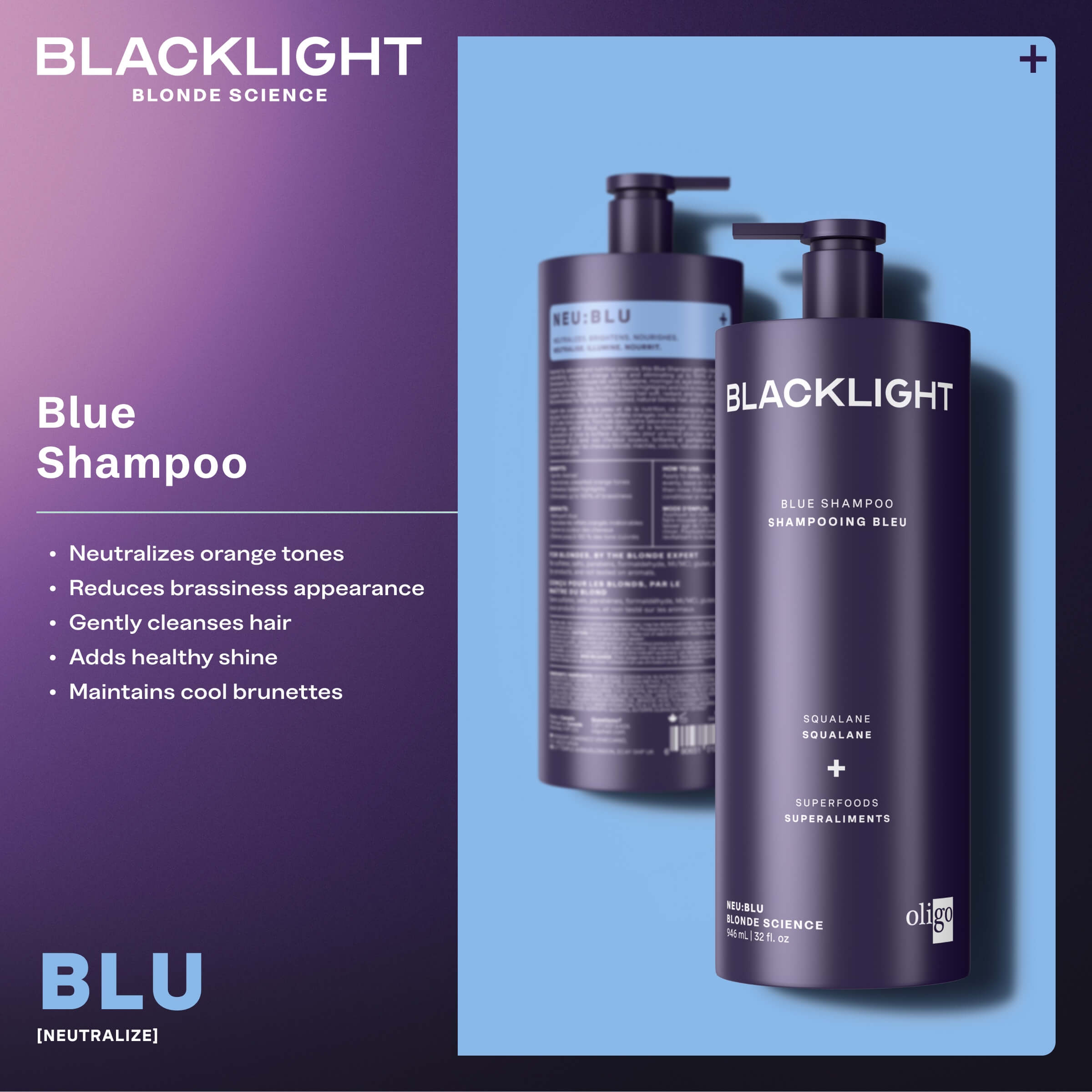 Two bottles of Blacklight Blue Shampoo on a blue and purple gradient background with product details.