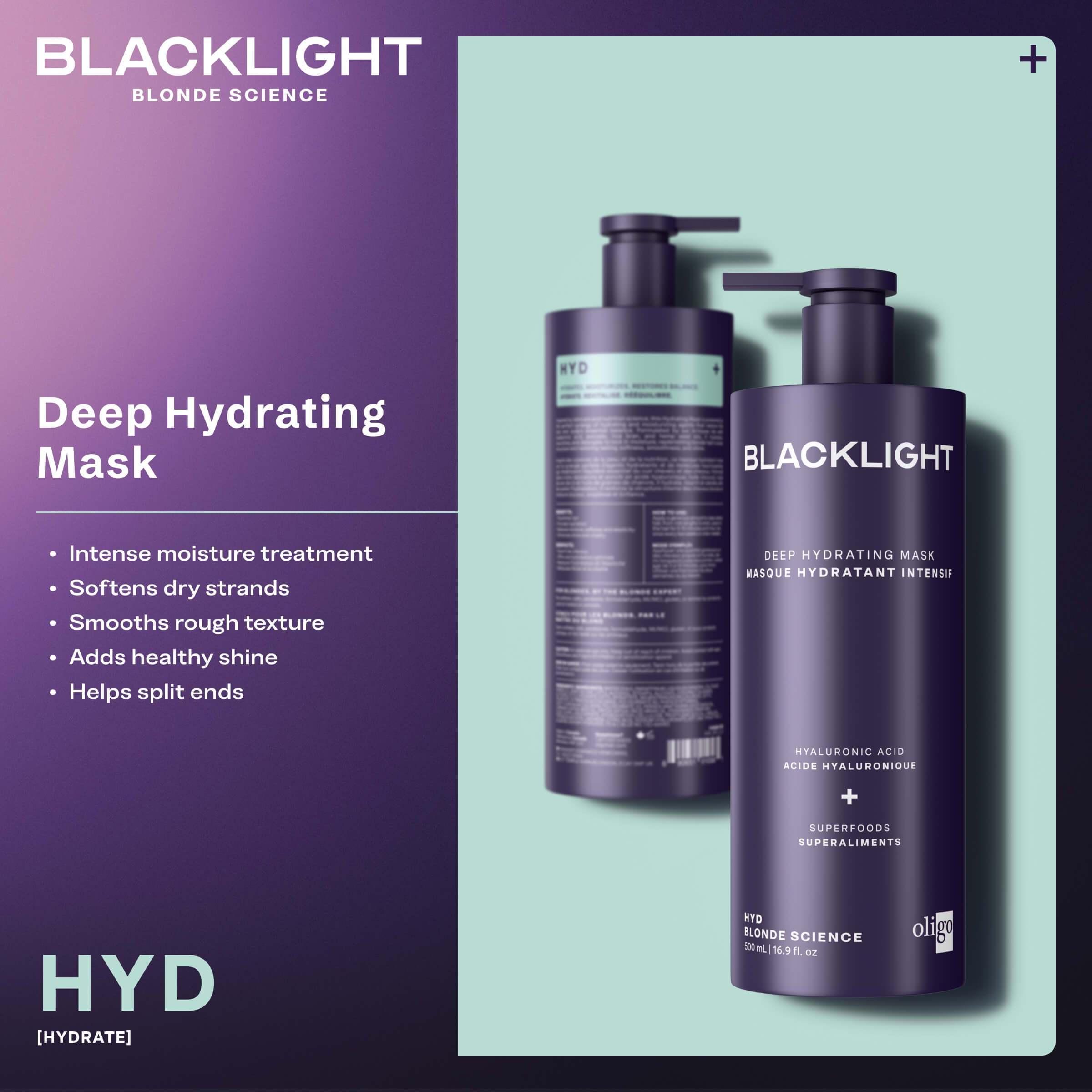 Two bottles of Blacklight Deep Hydrating Mask on a light purple background with product details.