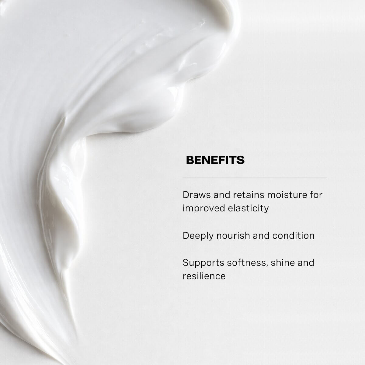 Close-up of smooth, white cream of the Blacklight Blonde Science Deep Hydrating Mask with text listing benefits on a light gray background