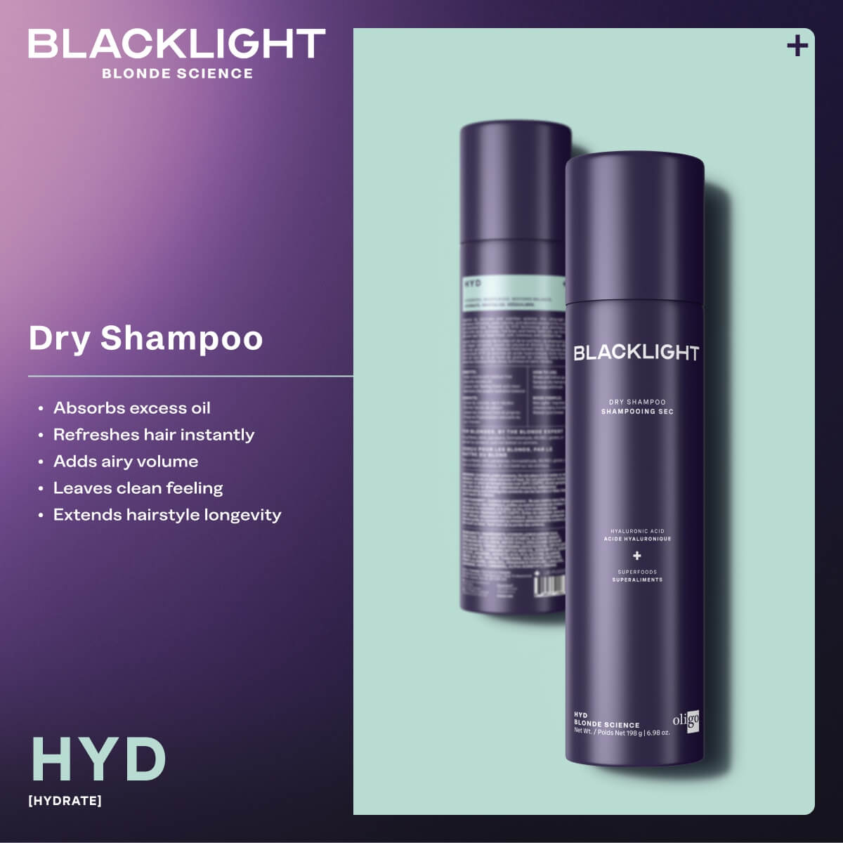 Two bottles of Blacklight dry shampoo on a light green background with product details on a purple sidebar.