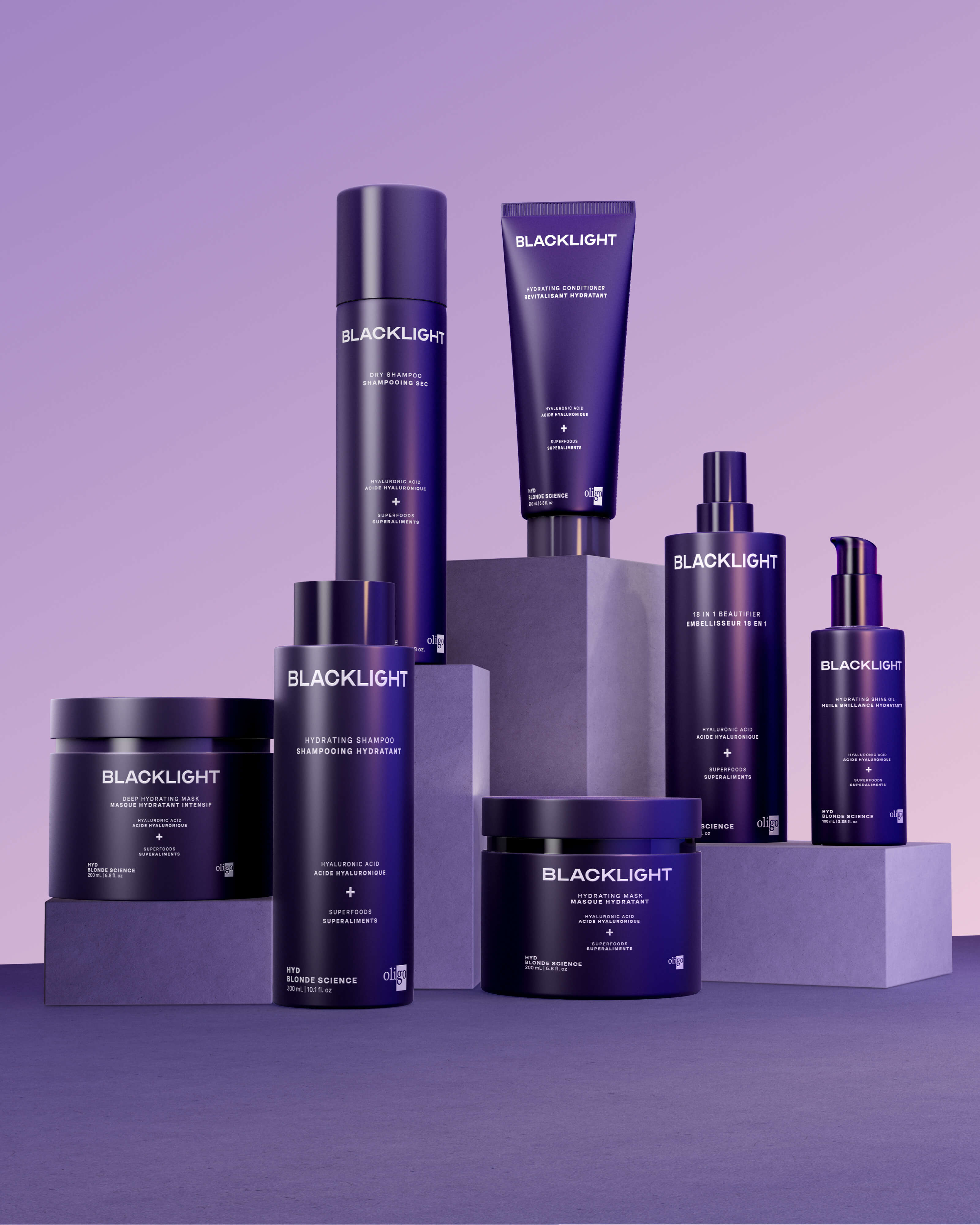 Collection of Blacklight Blonde Science Hydrating Collection including shampoo, conditioner, mask and spray