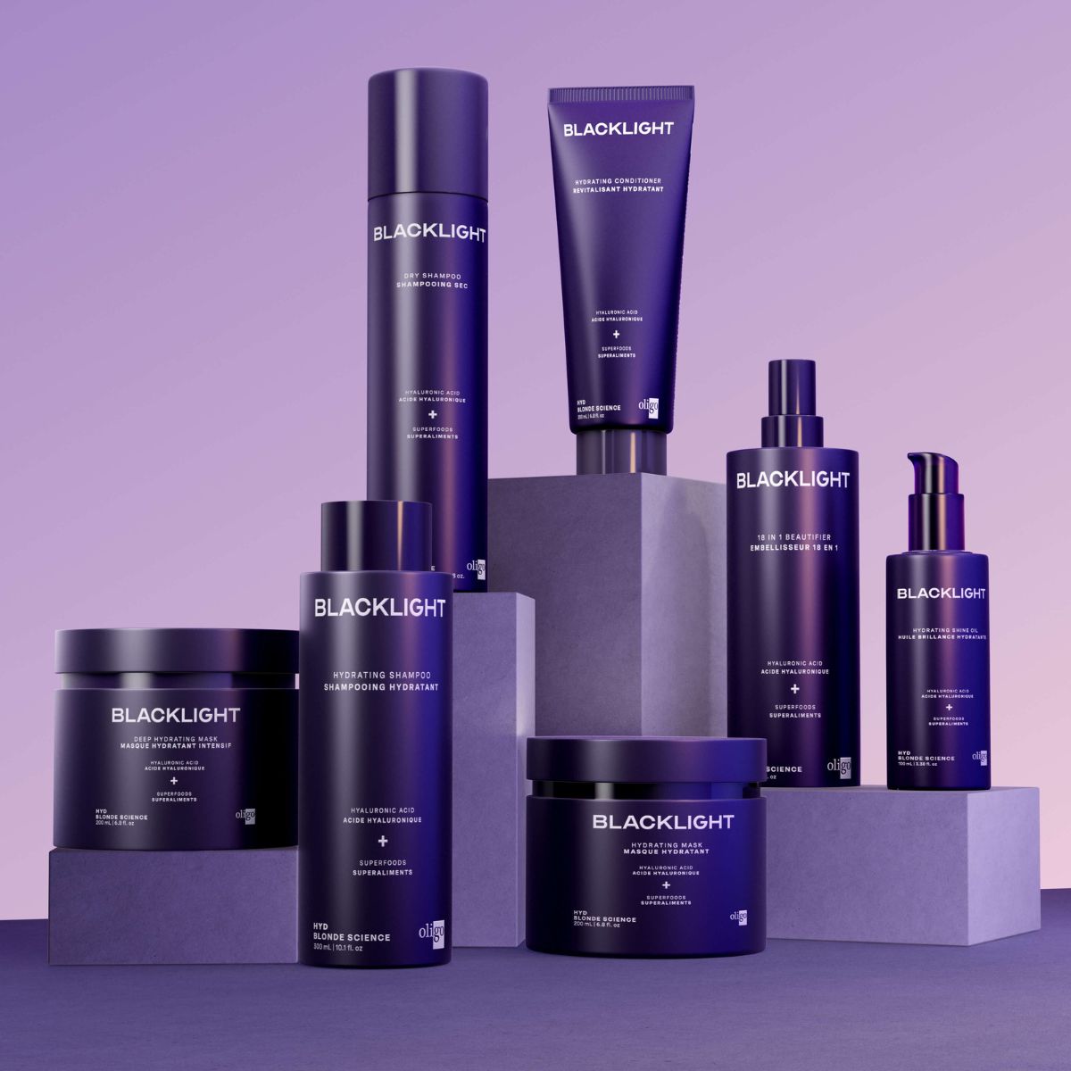 Collection of Blacklight Blonde Science Hydrating Collection including shampoo, conditioner, mask and spray.