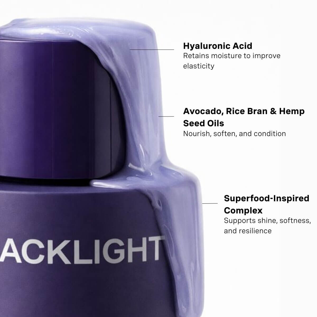 Picture of a Blacklight Blonde Science Hydrating Shampoo detailing ingredients and benefits on a white background