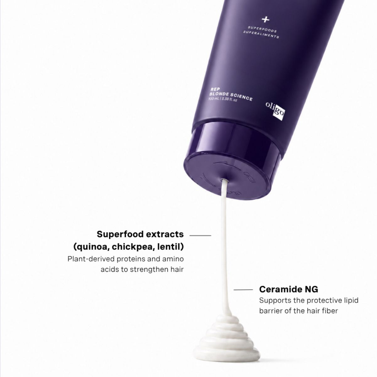 Blacklight Blonde Science Repair Conditioner bottle being dispensed, and showing benefits of the ingredients.