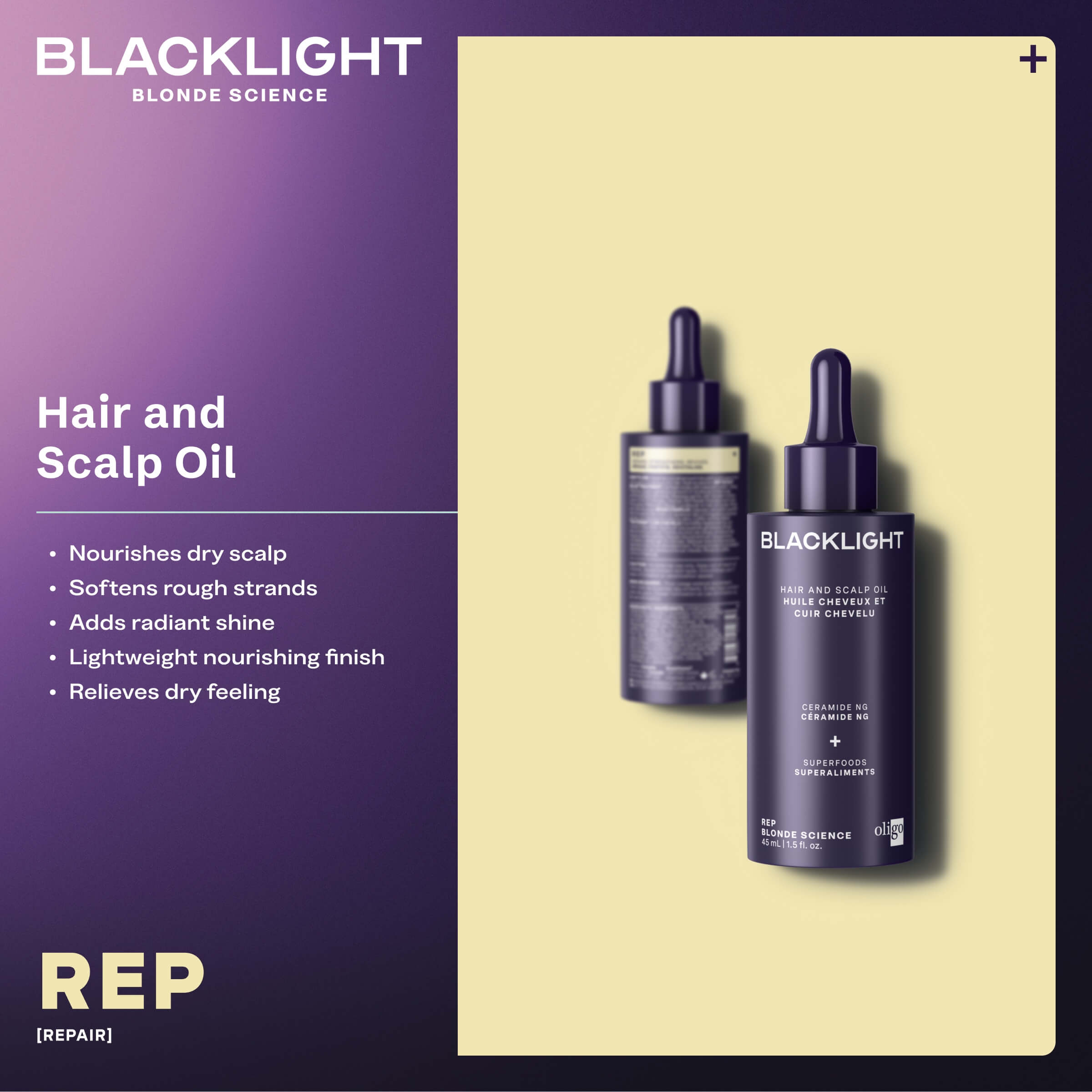Blacklight hair and scalp oil bottles on a beige background with product description text.