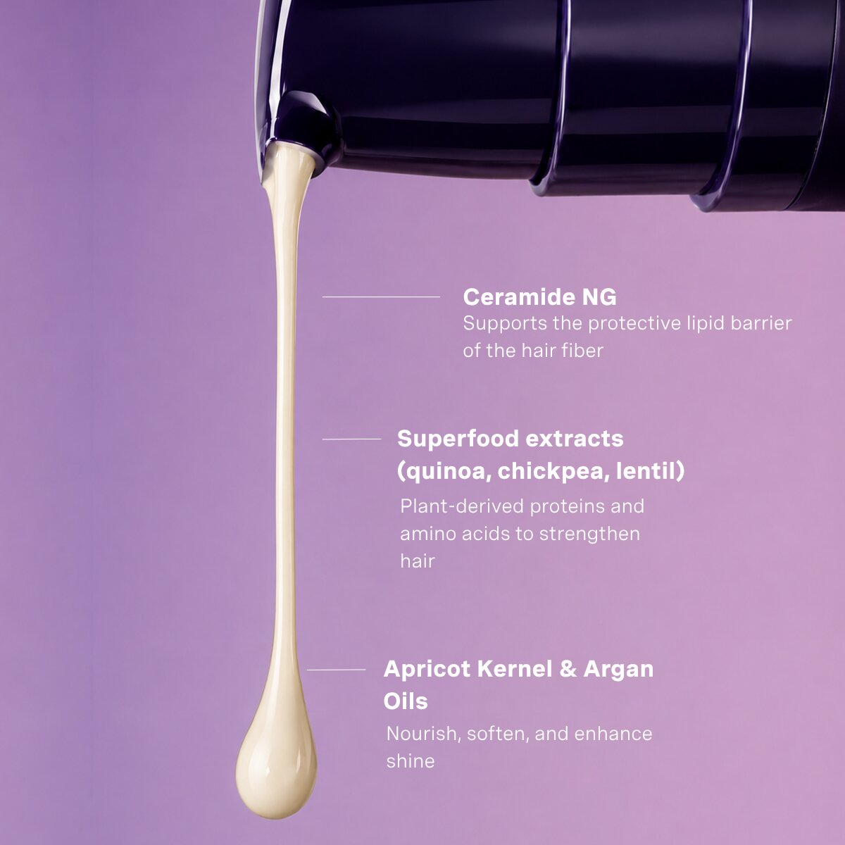 Hair care product with ingredients listed on a purple background