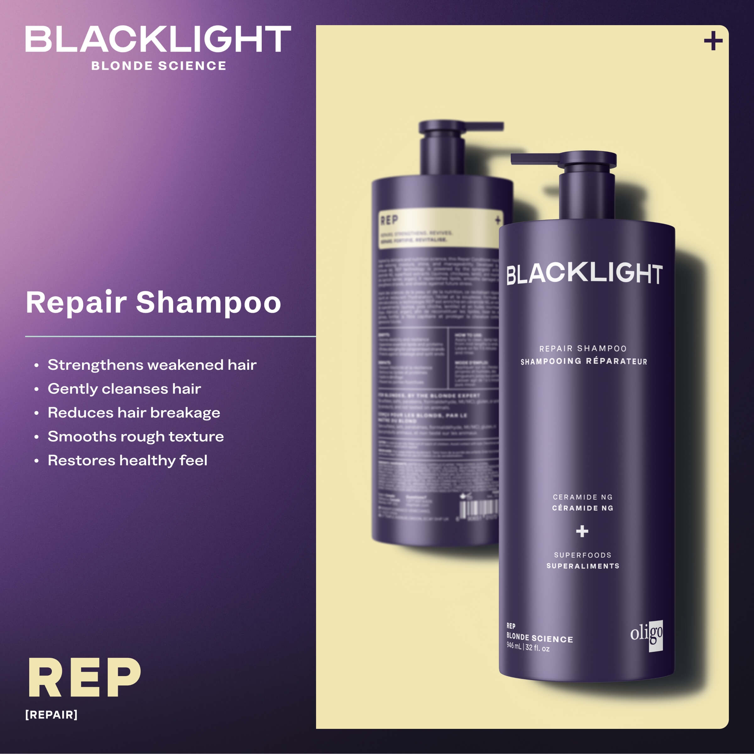 Two bottles of Blacklight Repair Shampoo on a beige and purple background showing product features