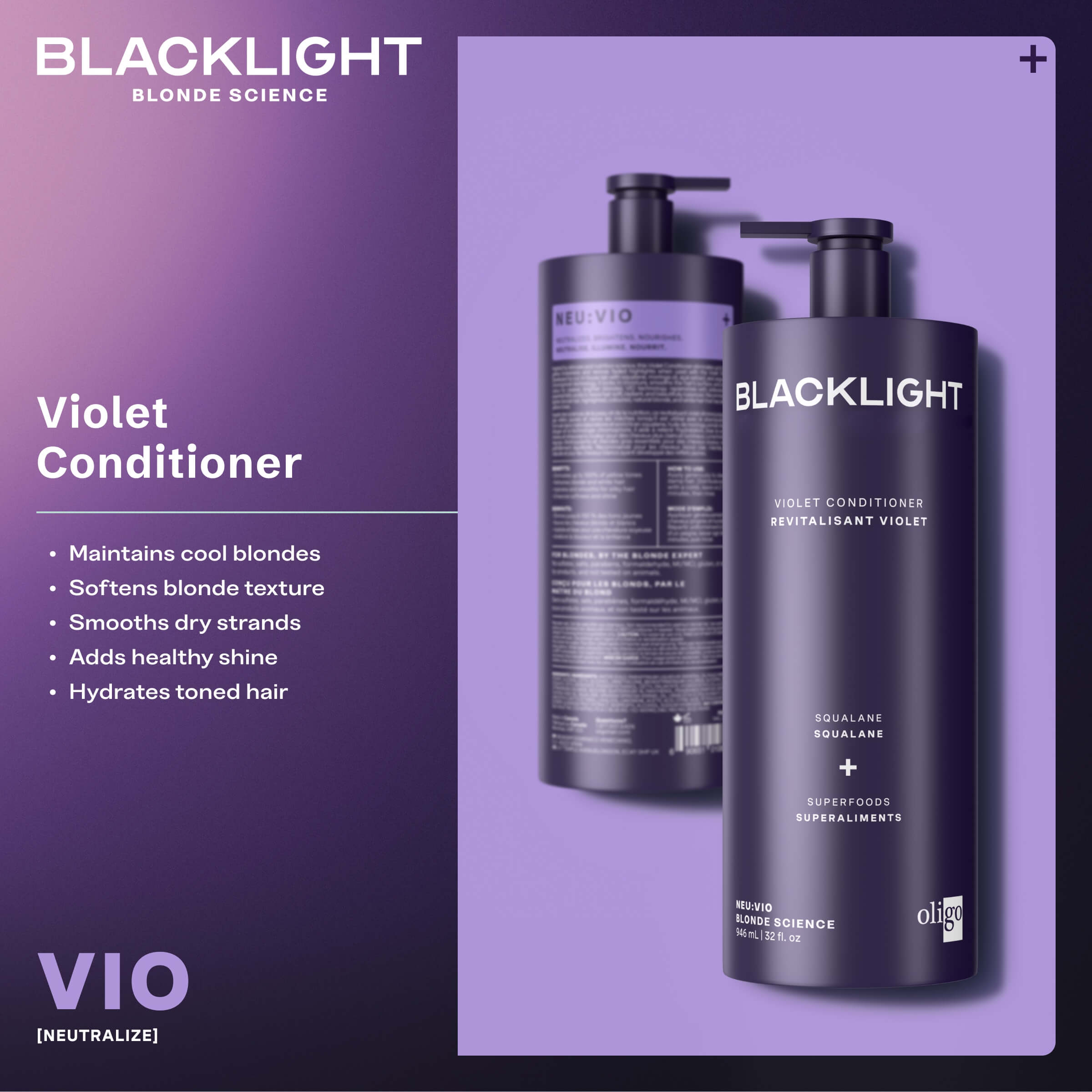 Two bottles of Blacklight Violet Conditioner on a purple background with product details.