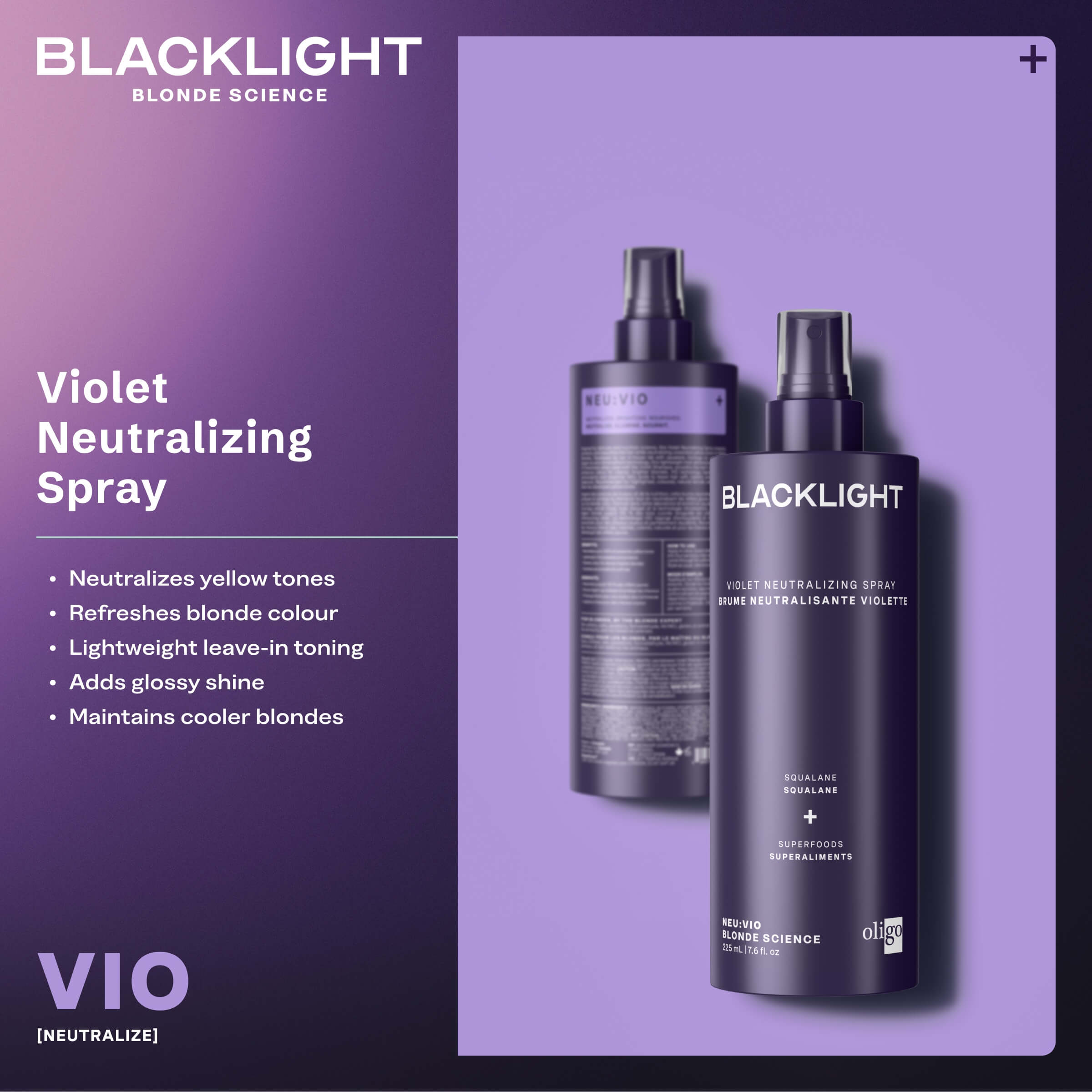 Blacklight Violet Neutralizing Spray bottles on a purple background with product details.