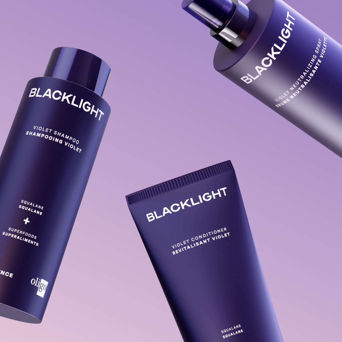 Three bottles of Blacklight Blonde Science Violet Shampoo, Conditioner, and Neutralizing Spray on a purple background