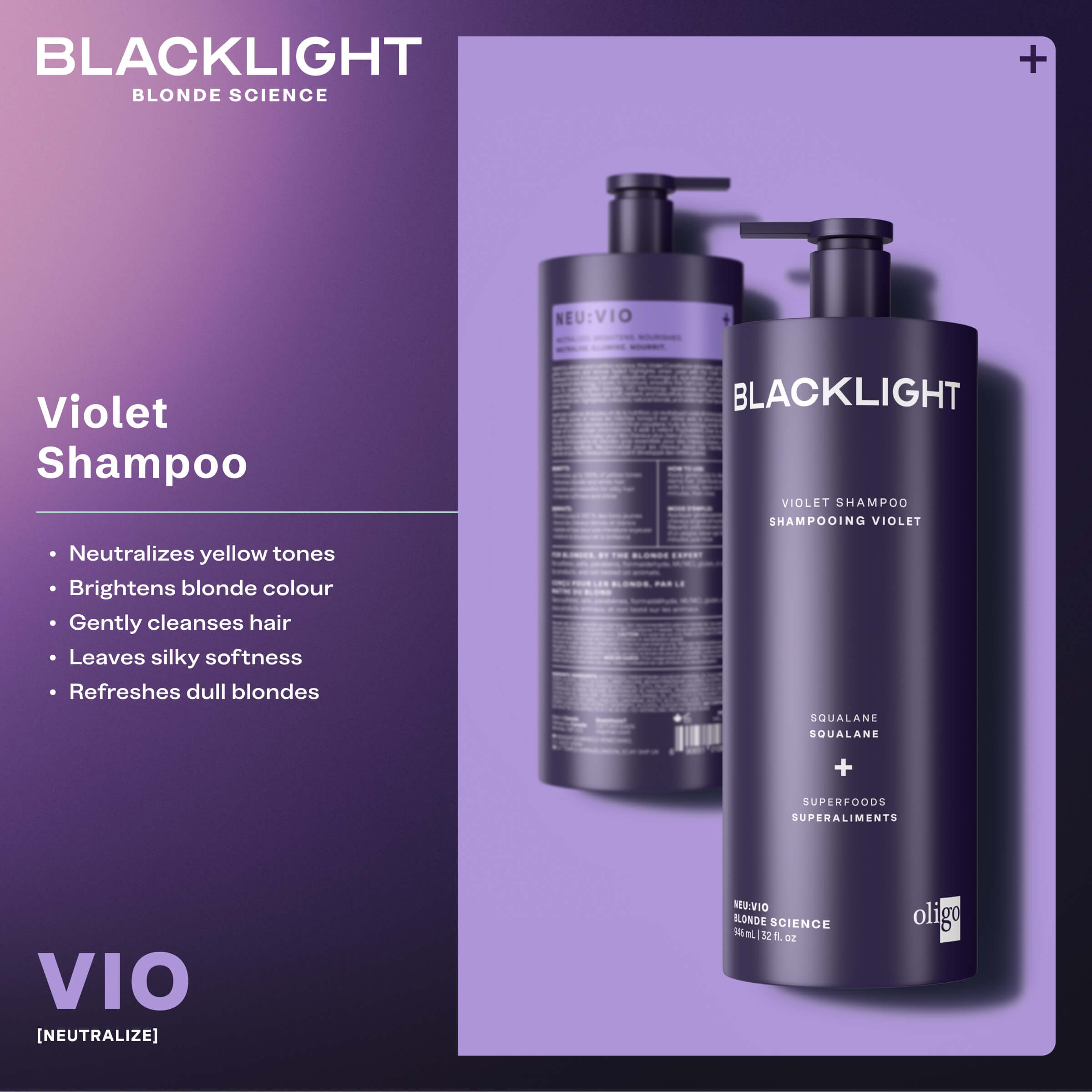 Two bottles of Blacklight Violet Shampoo on a purple background with product details.