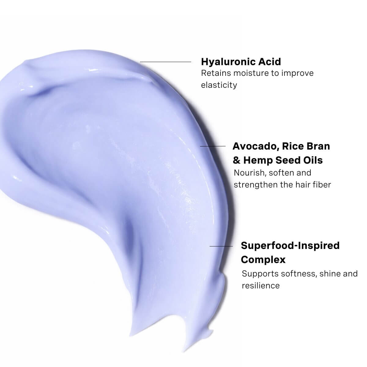 Blacklight Blonde Science Hydrating Mask texture with text detailing ingredients on a white background