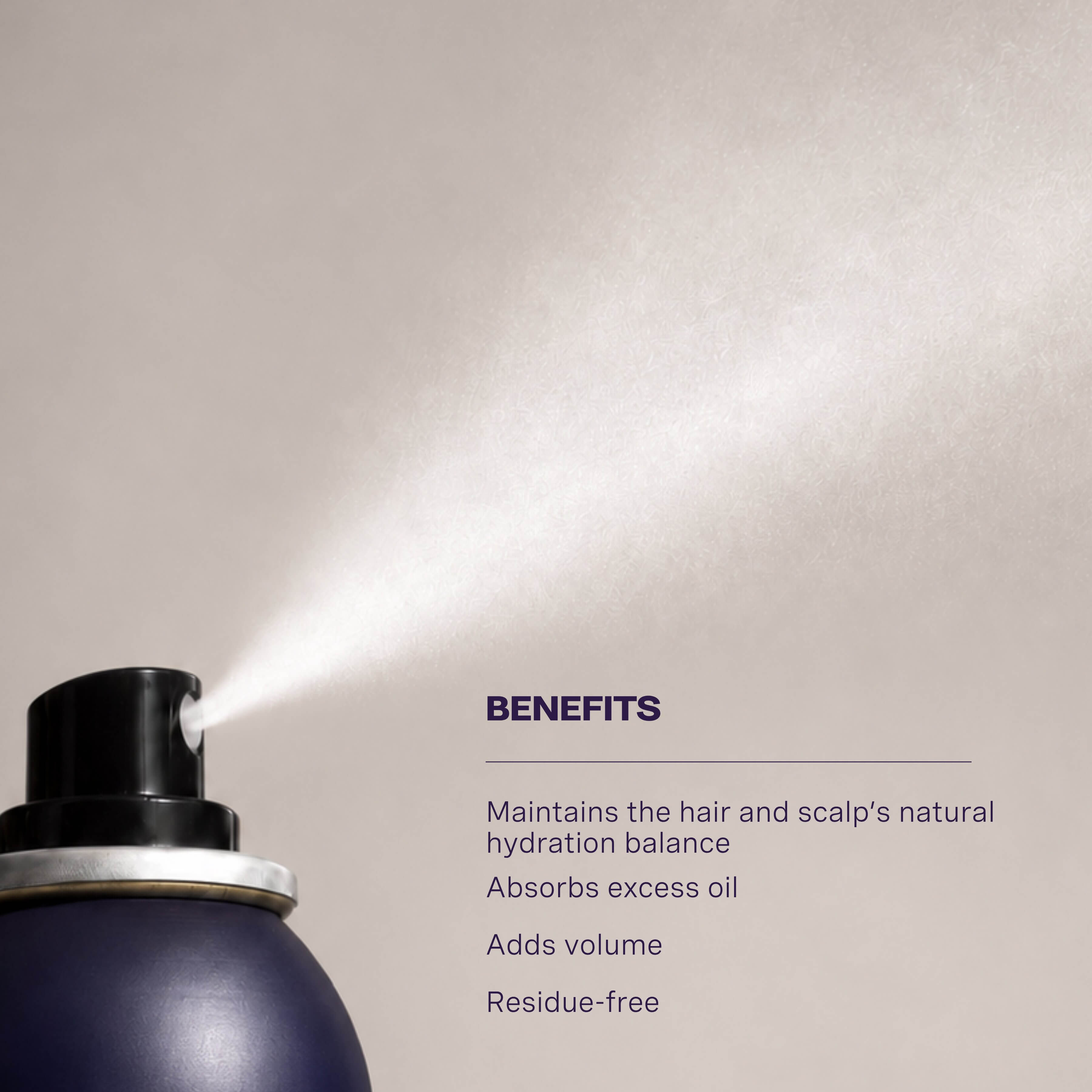 Blacklight Blonde Science dry shampoo spray with benefits listed on a neutral background