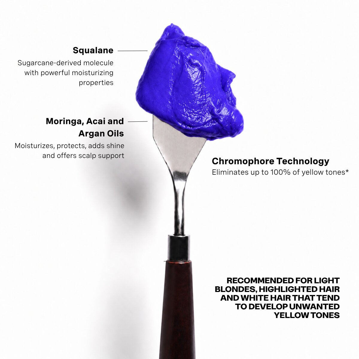 Blue hair product on a brush with text about ingredients and benefits
