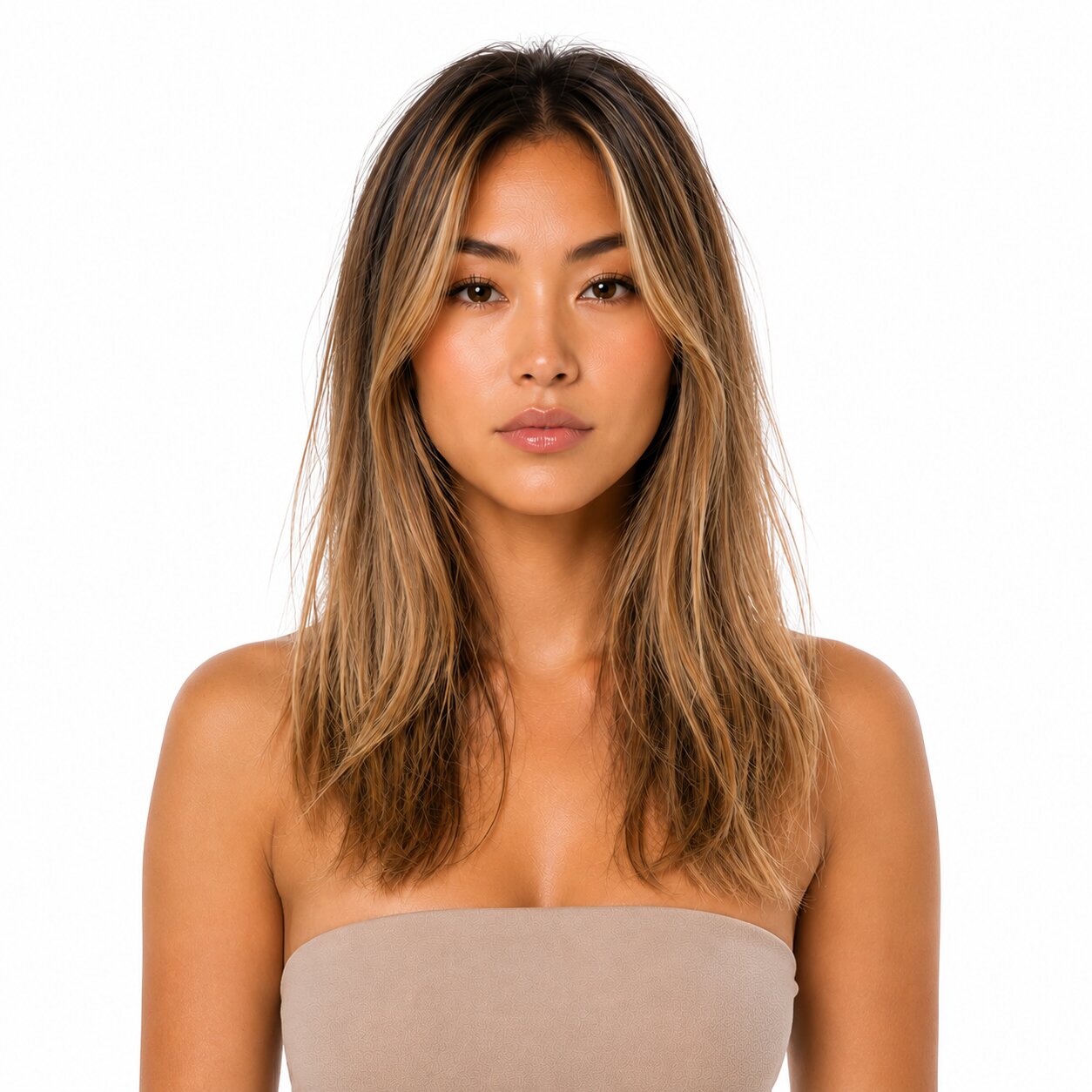 A woman with shoulder-length brown and blonde highlighted hair wearing a beige strapless tube top, shown from the chest up against a plain white background.