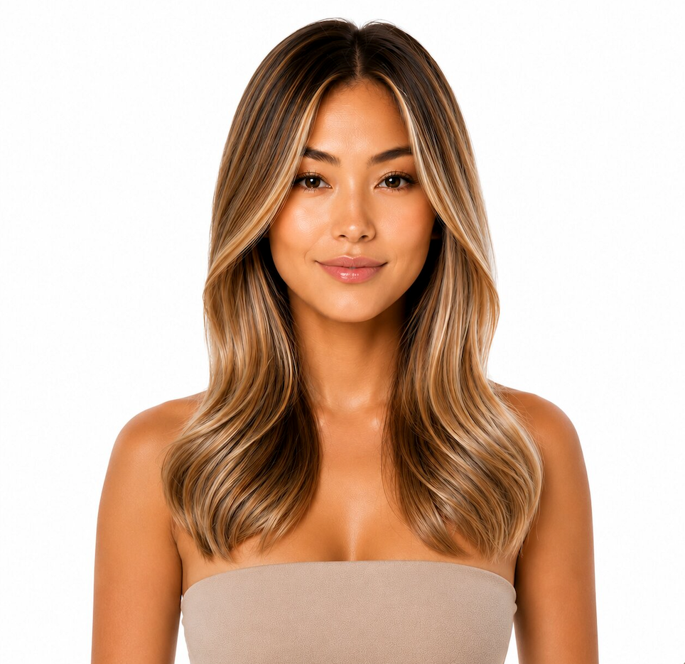 A woman with shoulder-length, wavy hair featuring dark brown roots and warm blonde highlights, wearing a beige strapless top against a solid white background.