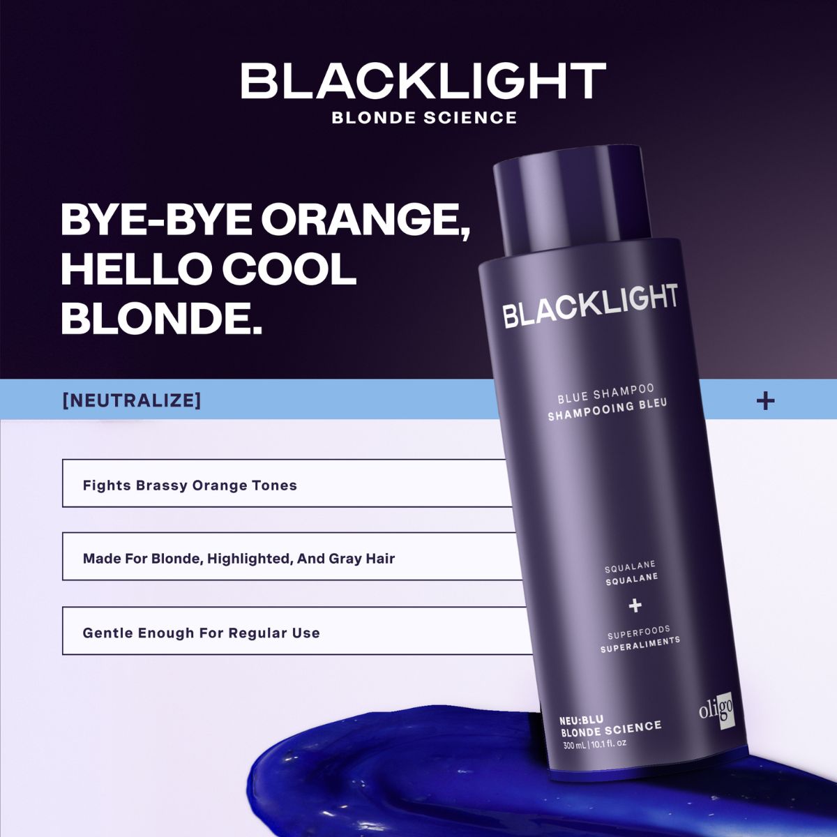 Image showing the Blacklight Blue Shampoo bottle with 3 benefits from using the product.