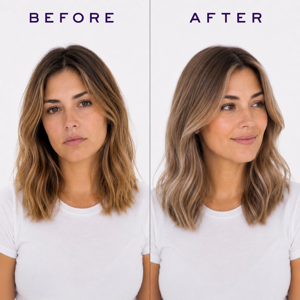 Before and after comparison of a woman's hair, showing a shoulder-length layered cut with highlighted blonde tones. The left side is labeled 'BEFORE' and shows the hair in a natural brown shade.