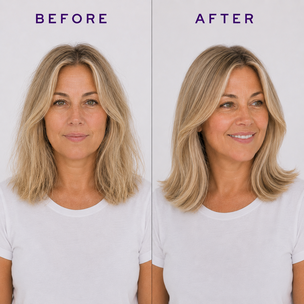 A side-by-side before and after comparison of a woman's hair, showing a shoulder-length blonde cut with layered ends on the left and a smoother, slightly longer-looking blonde cut on the right. The words BEFORE and AFTER appear in purple at the top of each panel.