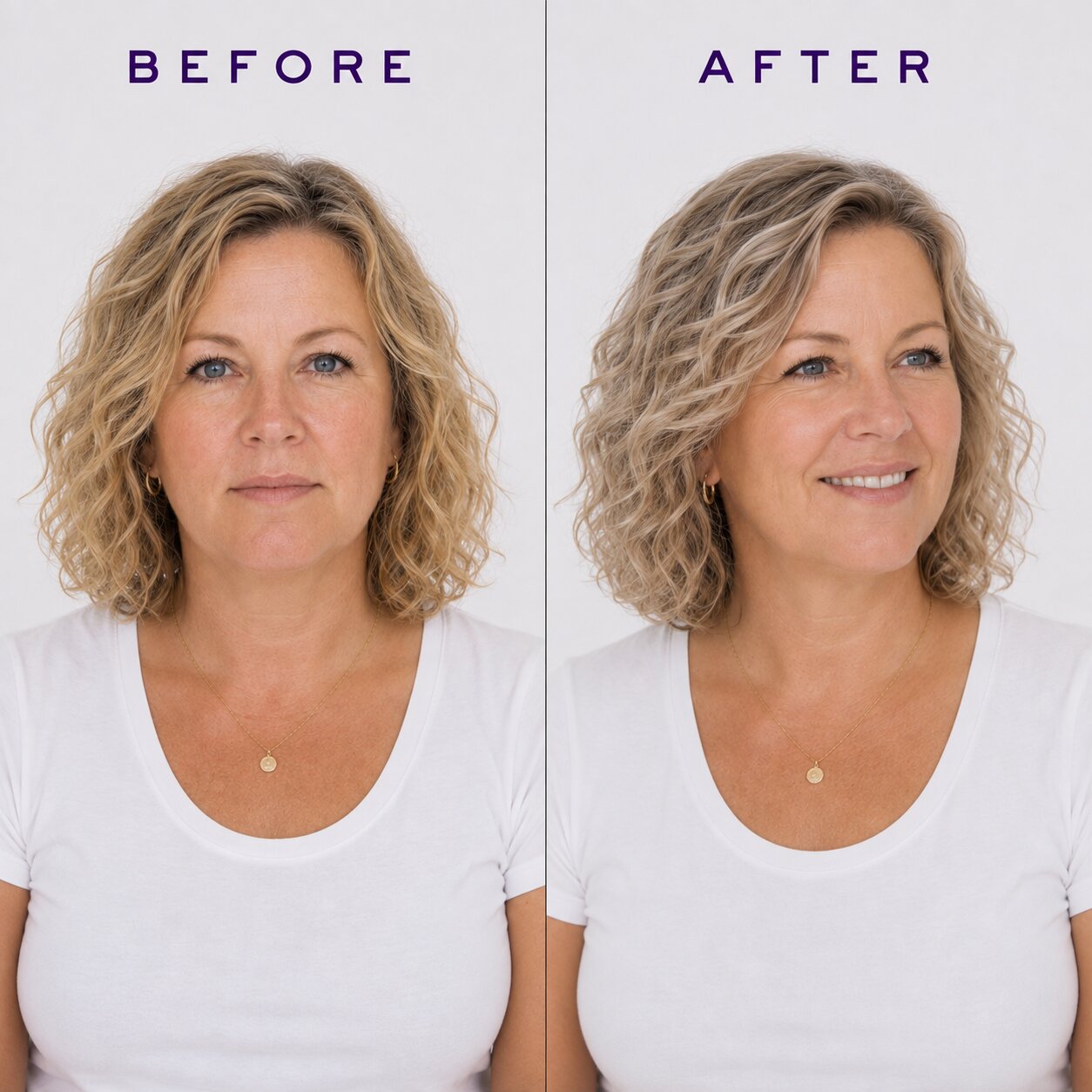 A side-by-side before and after comparison of a woman with shoulder-length blonde wavy hair, wearing a white scoop-neck t-shirt. The left side is labeled 'BEFORE' and shows the hair as straighter and shorter.